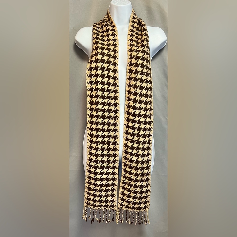 Abercrombie Tan Brown Plaid Herringbone Wool Blend Y2K fringe Scarf RARE